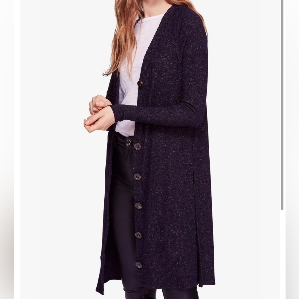 We The Free navy blue metallic button up light weight cardigan